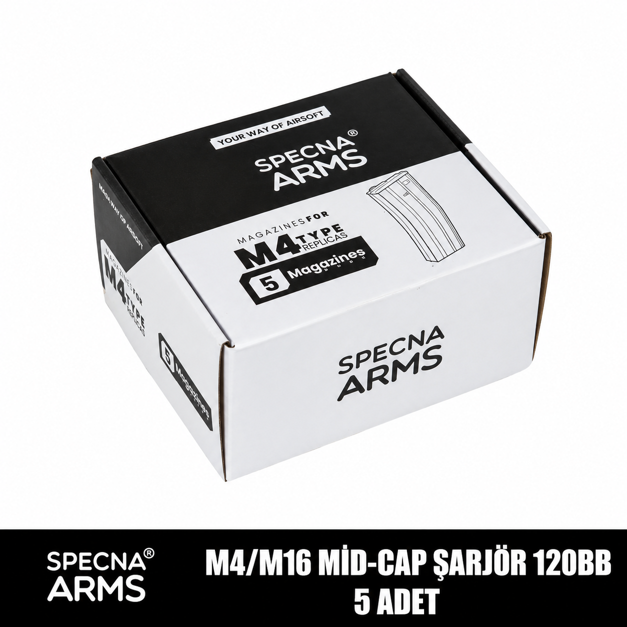 Specna Arms M4/M16 Airsoft Tüfekleri İçin Şarjör Seti 5’li Mid-Cap 120 BB – Siyah